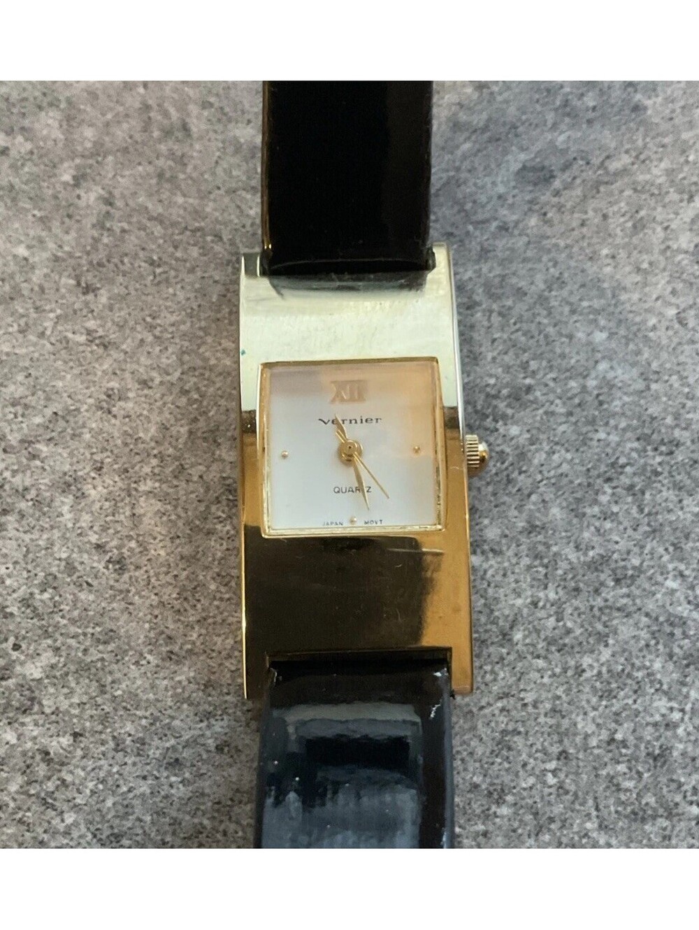 Vintage Vernier Womens Tank Style Watch 19mm Gold Tone Case Black Leather Band V